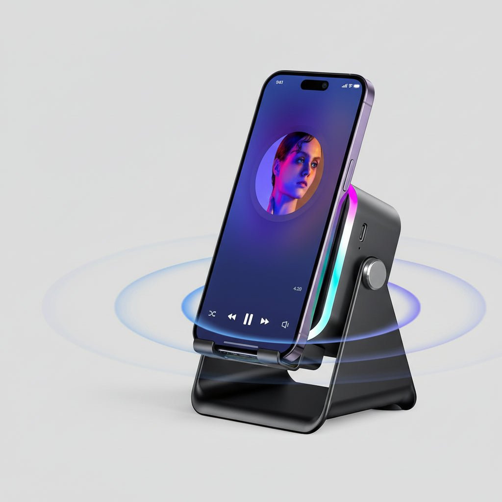 Wireless Charging Phone Stand with Bluetooth Speaker and Adjustable Viewing Design