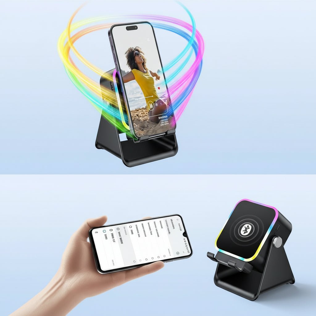 Wireless Charging Phone Stand with Bluetooth Speaker and Adjustable Viewing Design