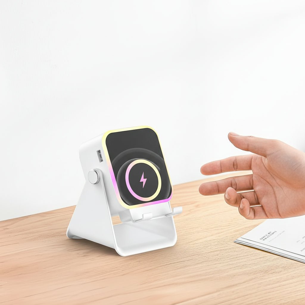 Wireless Charging Phone Stand with Bluetooth Speaker and Adjustable Viewing Design
