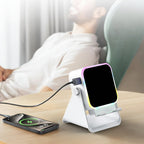Wireless Charging Phone Stand with Bluetooth Speaker and Adjustable Viewing Design