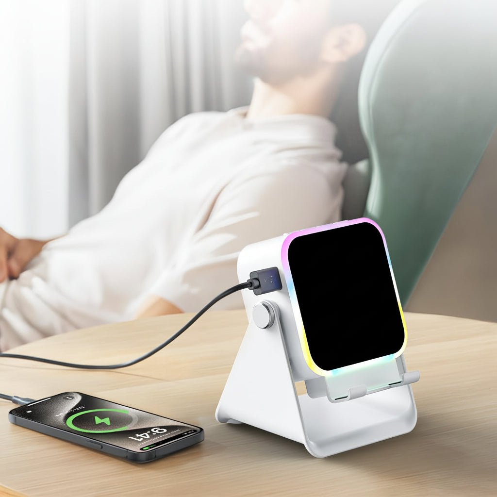 Wireless Charging Phone Stand with Bluetooth Speaker and Adjustable Viewing Design