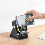 Wireless Charging Phone Stand with Bluetooth Speaker and Adjustable Viewing Design