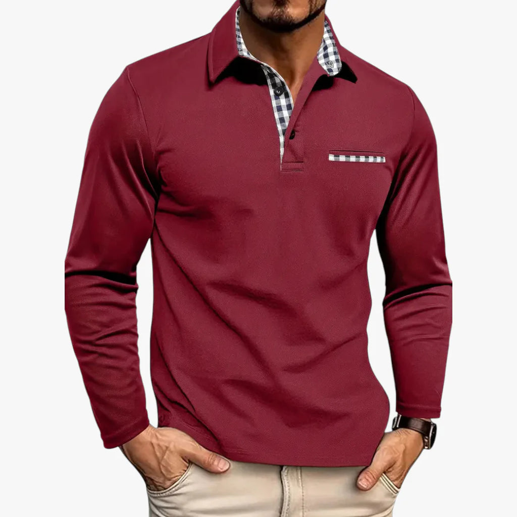 Men’s Long Sleeve Polo Shirt with Button Placket and Chest Pocket
