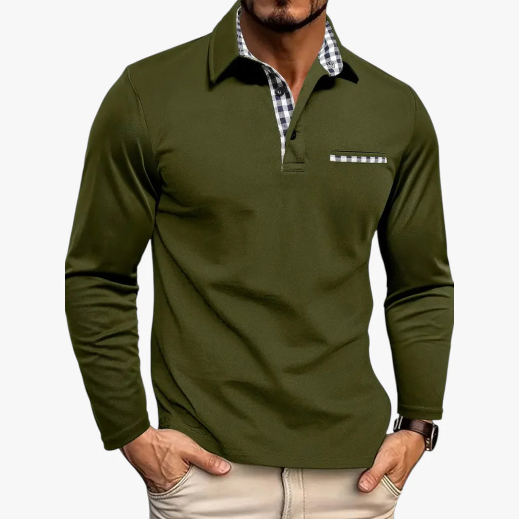 Men’s Long Sleeve Polo Shirt with Button Placket and Chest Pocket