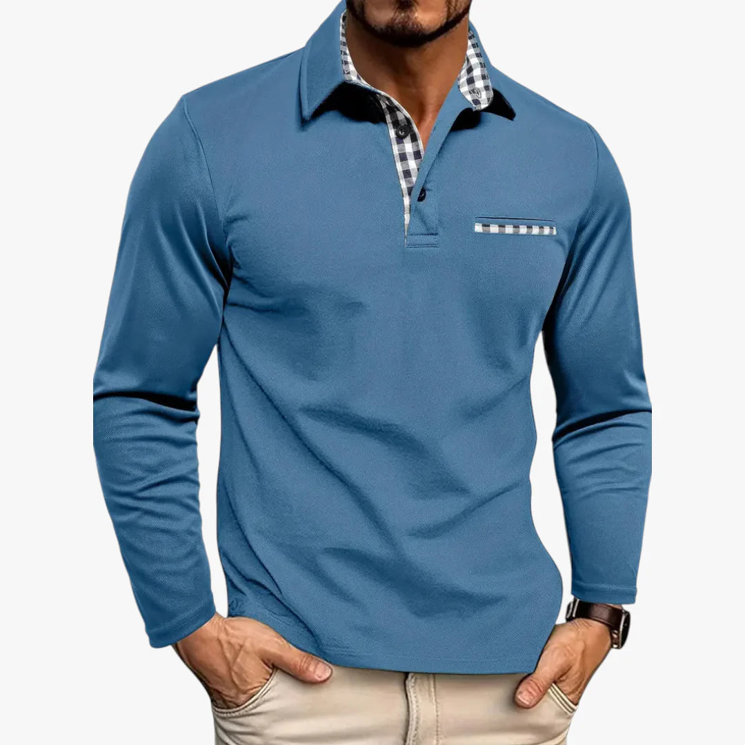 Men’s Long Sleeve Polo Shirt with Button Placket and Chest Pocket