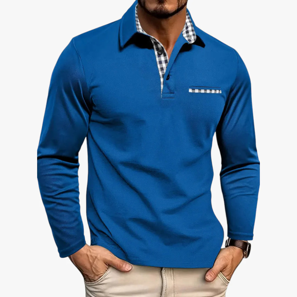 Men’s Long Sleeve Polo Shirt with Button Placket and Chest Pocket