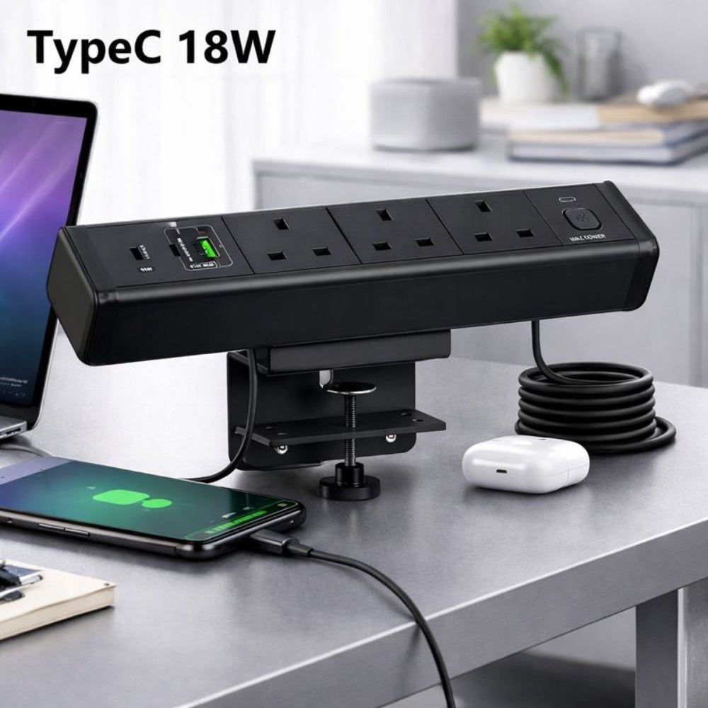 Desk Clamp Power Strip with USB Charging Ports and Multiple AC Outlets