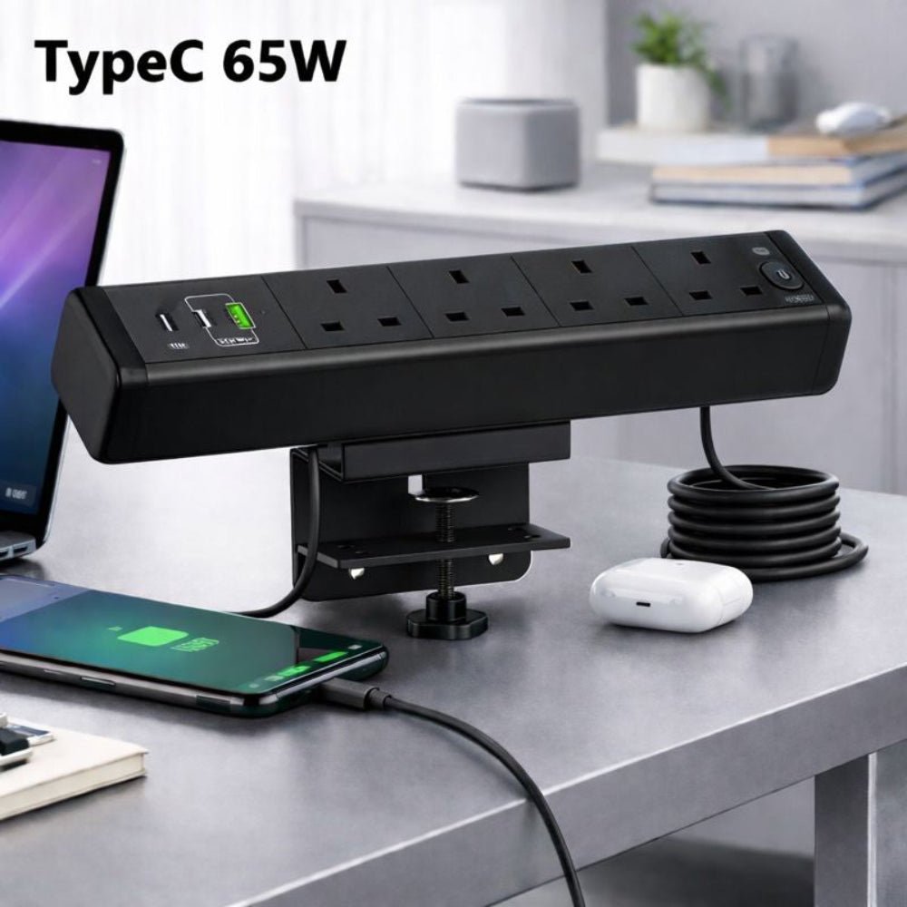 Desk Clamp Power Strip with USB Charging Ports and Multiple AC Outlets