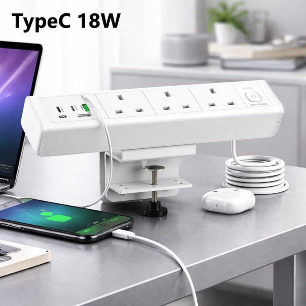 Desk Clamp Power Strip with USB Charging Ports and Multiple AC Outlets