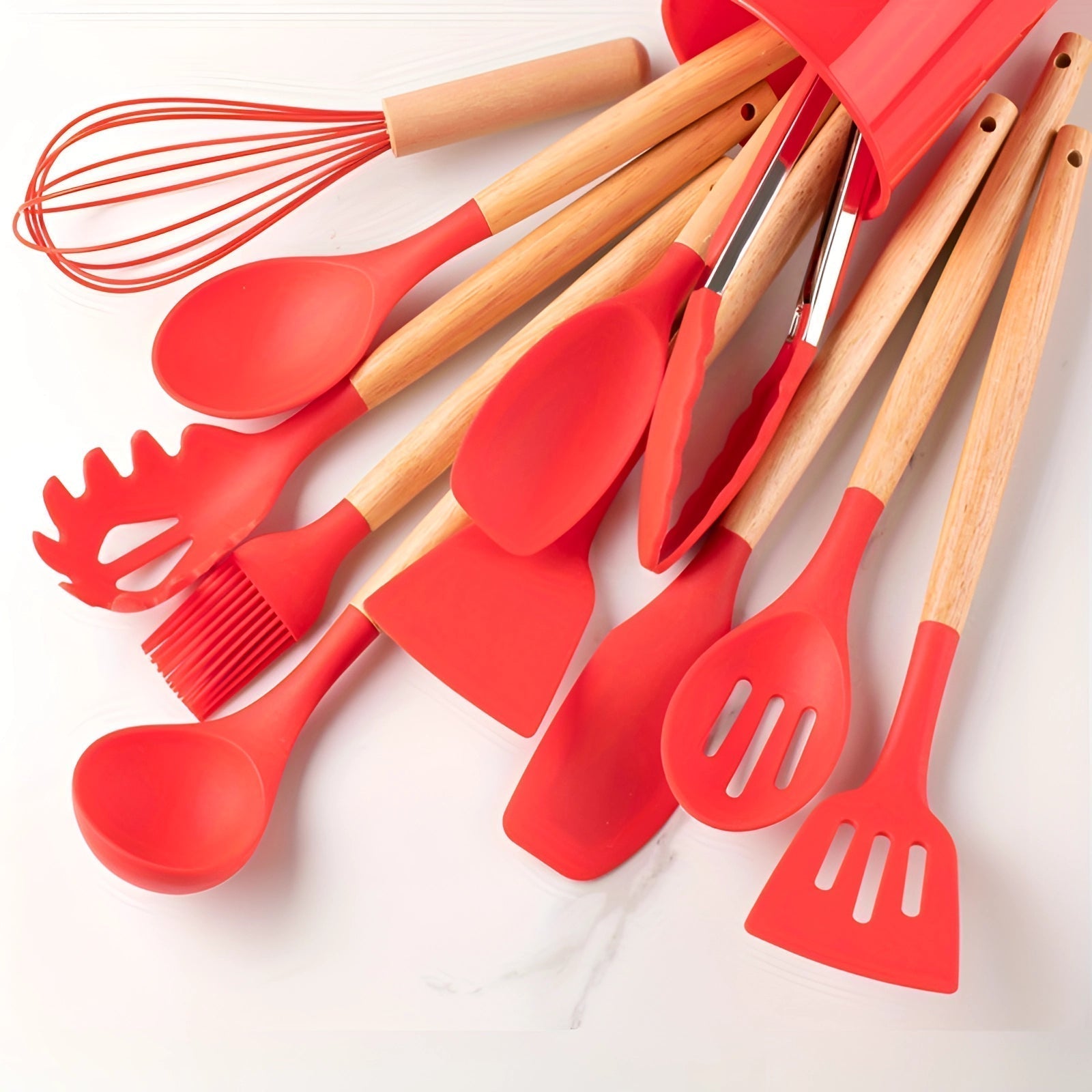 Silicone Kitchen Utensils Set with Bamboo Handles and Heat Resistant