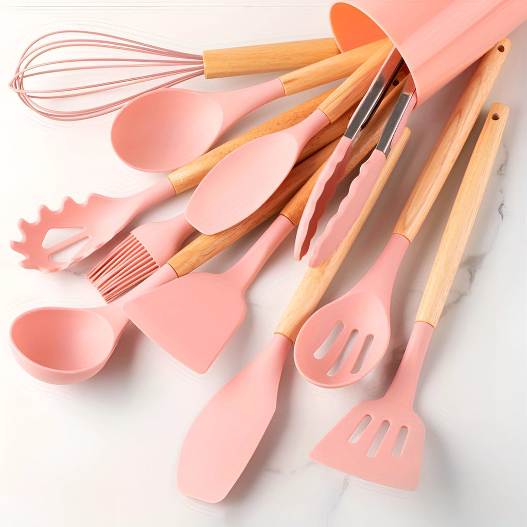 Silicone Kitchen Utensils Set with Bamboo Handles and Heat Resistant