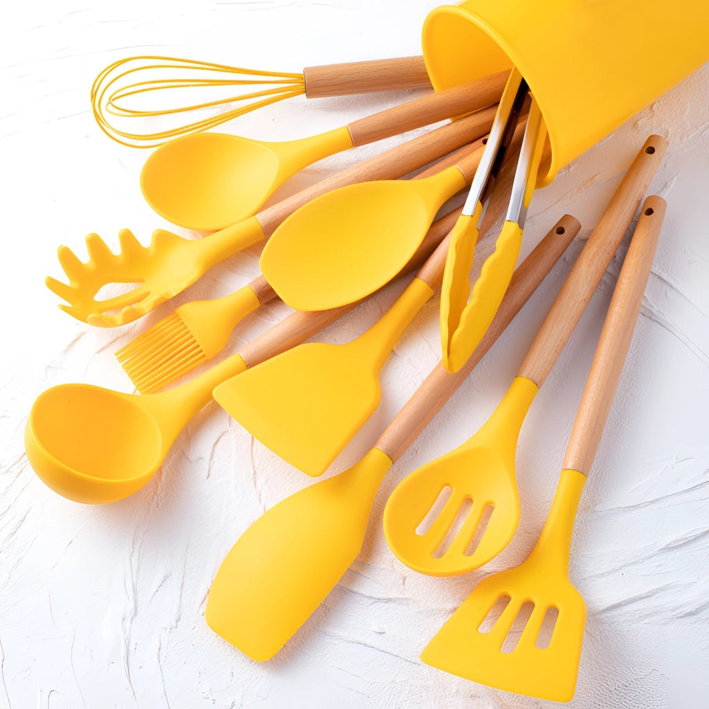 Silicone Kitchen Utensils Set with Bamboo Handles and Heat Resistant