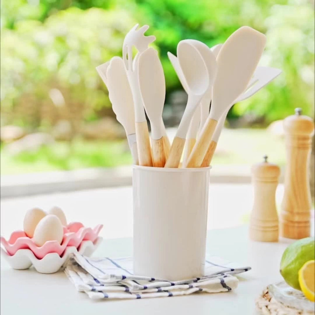 Silicone Kitchen Utensils Set with Bamboo Handles and Heat Resistant