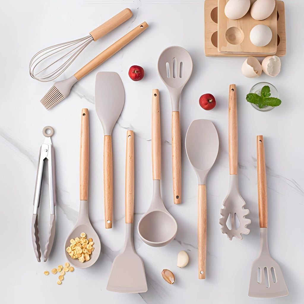 Silicone Kitchen Utensils Set with Bamboo Handles and Heat Resistant