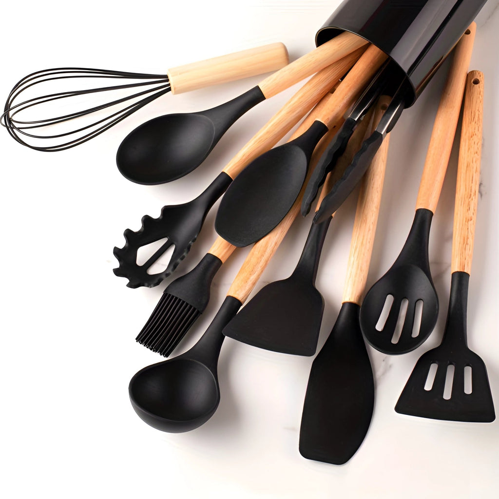 Silicone Kitchen Utensils Set with Bamboo Handles and Heat Resistant
