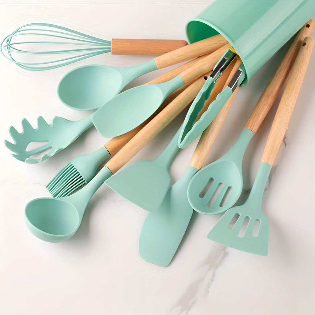 Silicone Kitchen Utensils Set with Bamboo Handles and Heat Resistant