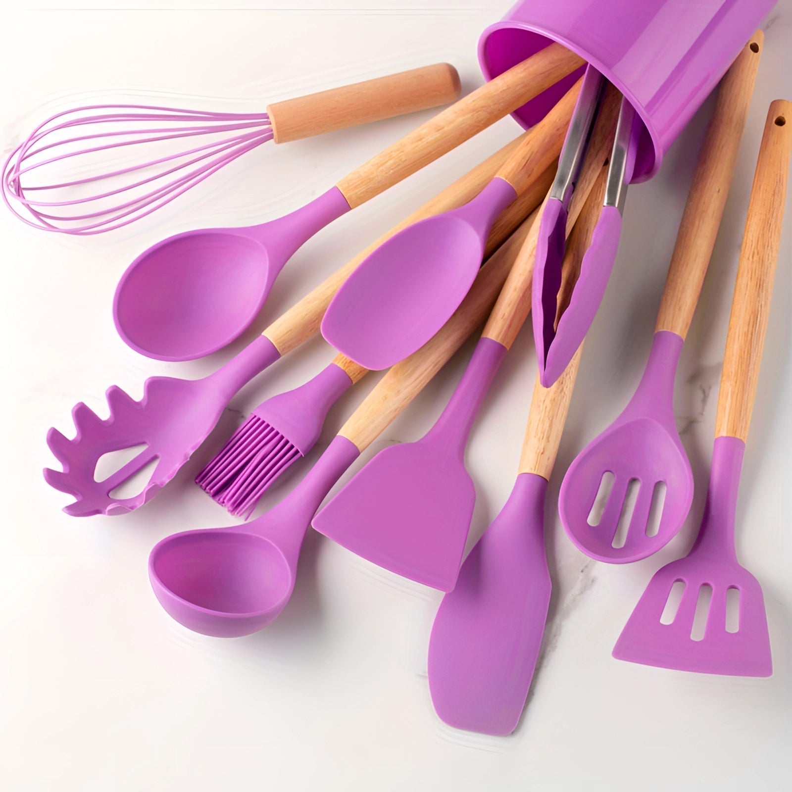 Silicone Kitchen Utensils Set with Bamboo Handles and Heat Resistant
