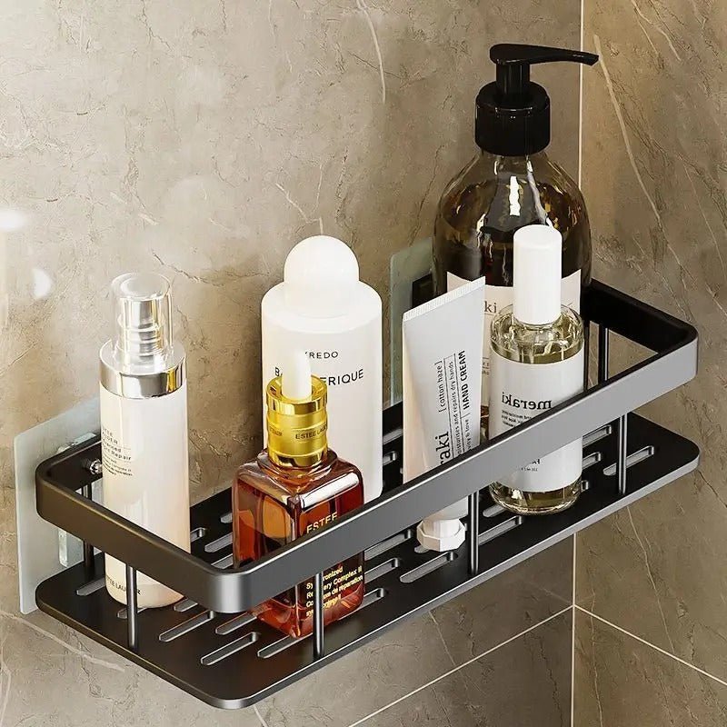 Wall Mounted Storage Shelf with Adhesive Installation and Drainage Design