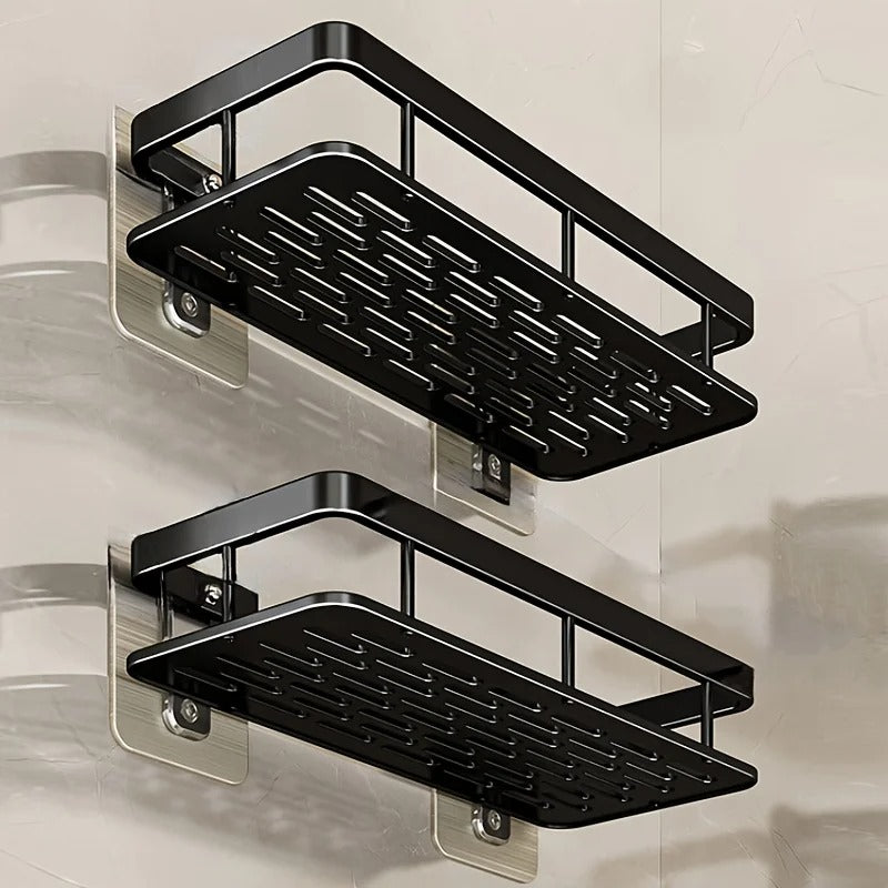 Wall Mounted Storage Shelf with Adhesive Installation and Drainage Design