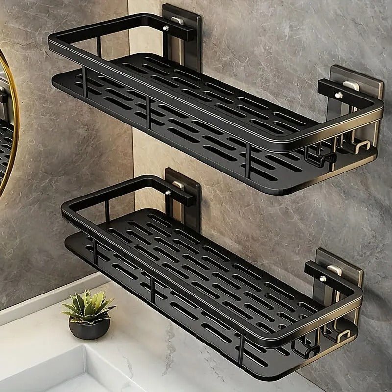 Wall Mounted Storage Shelf with Adhesive Installation and Drainage Design