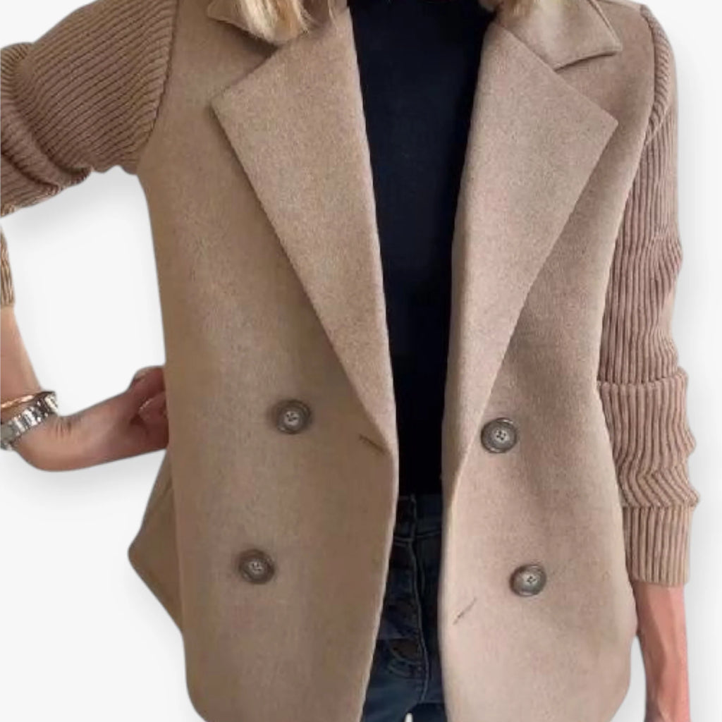 Women’s Double Breasted Blazer with Knit Sleeves and Tailored Fit