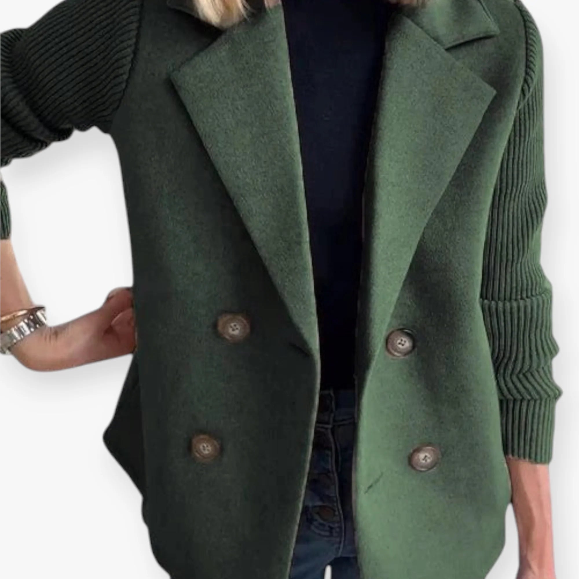 Women’s Double Breasted Blazer with Knit Sleeves and Tailored Fit