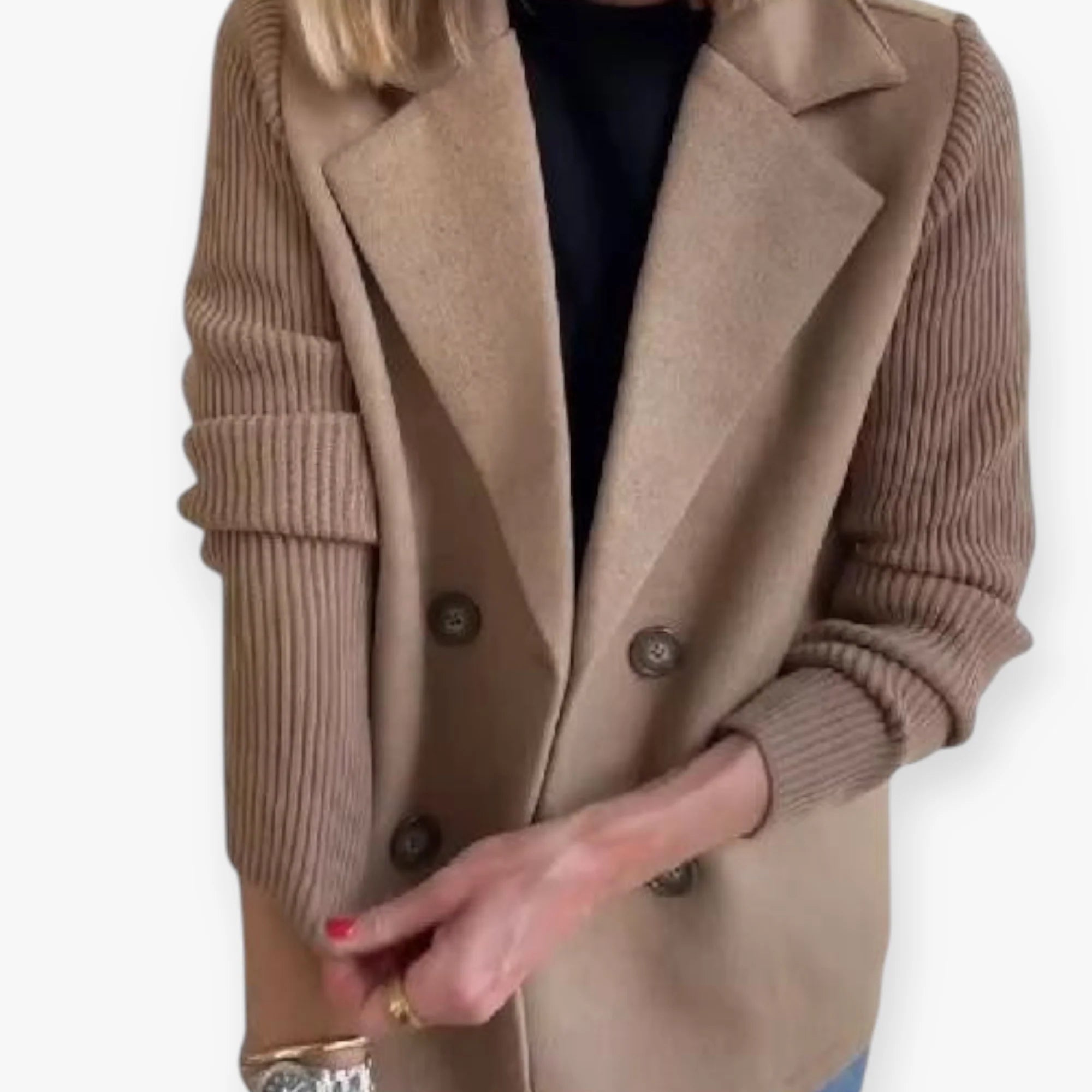 Women’s Double Breasted Blazer with Knit Sleeves and Tailored Fit