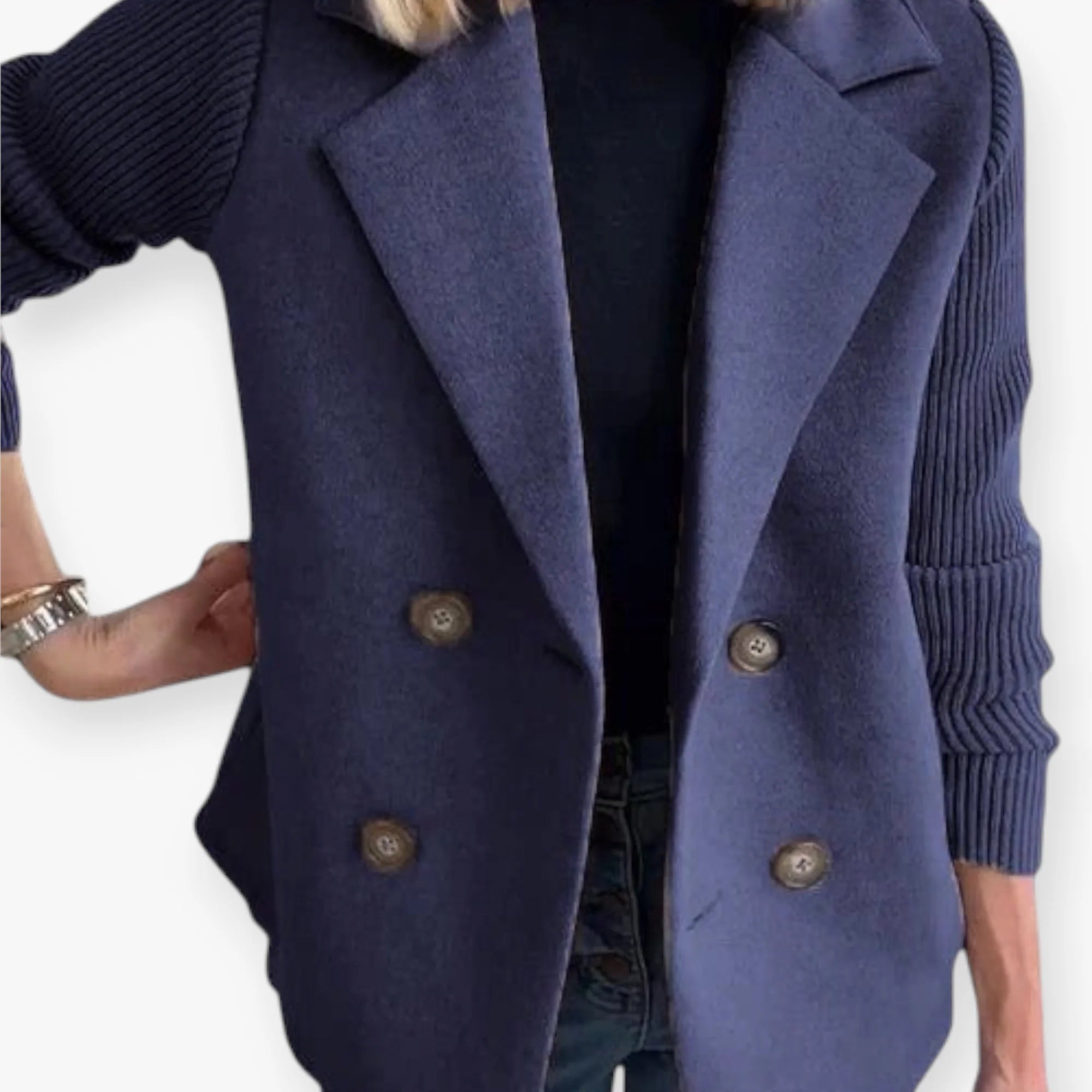 Women’s Double Breasted Blazer with Knit Sleeves and Tailored Fit