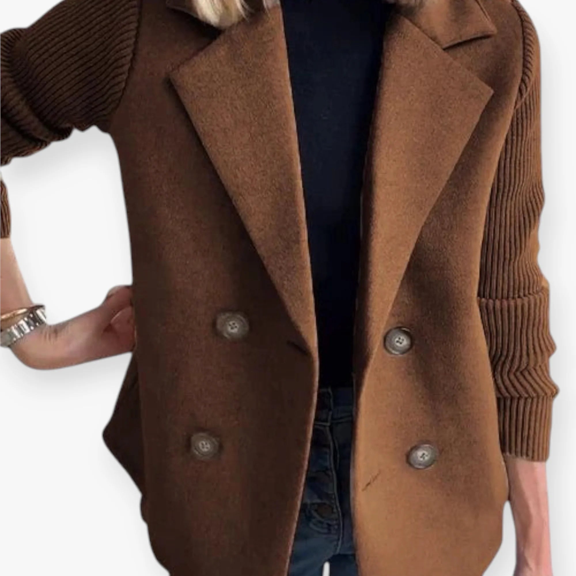 Women’s Double Breasted Blazer with Knit Sleeves and Tailored Fit