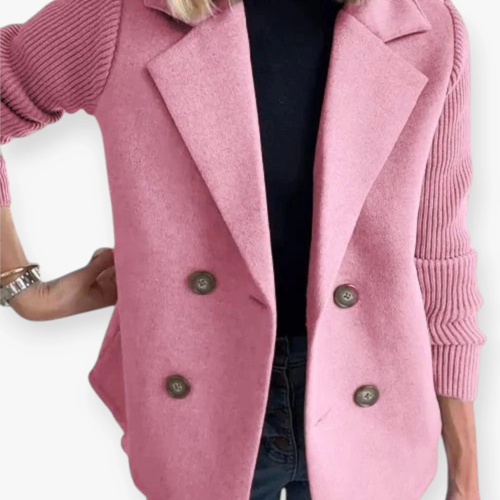 Women’s Double Breasted Blazer with Knit Sleeves and Tailored Fit