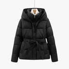 Women’s Hooded Puffer Jacket with Adjustable Waist Belt and Quilted Padding