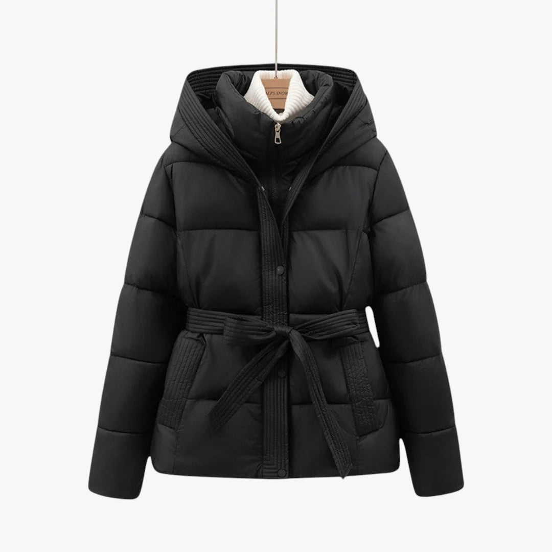 Women’s Hooded Puffer Jacket with Adjustable Waist Belt and Quilted Padding