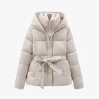Women’s Hooded Puffer Jacket with Adjustable Waist Belt and Quilted Padding
