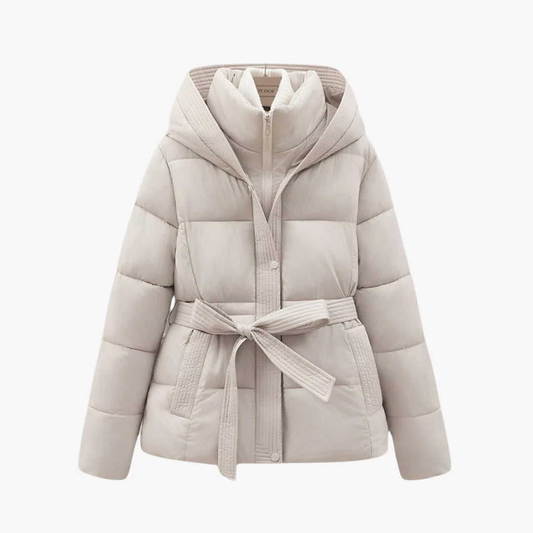 Women’s Hooded Puffer Jacket with Adjustable Waist Belt and Quilted Padding
