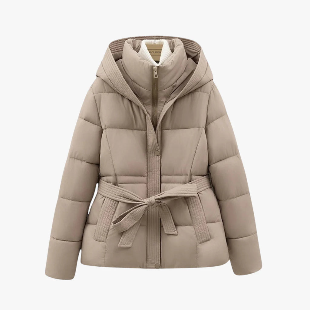 Women’s Hooded Puffer Jacket with Adjustable Waist Belt and Quilted Padding