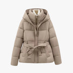 Women’s Hooded Puffer Jacket with Adjustable Waist Belt and Quilted Padding