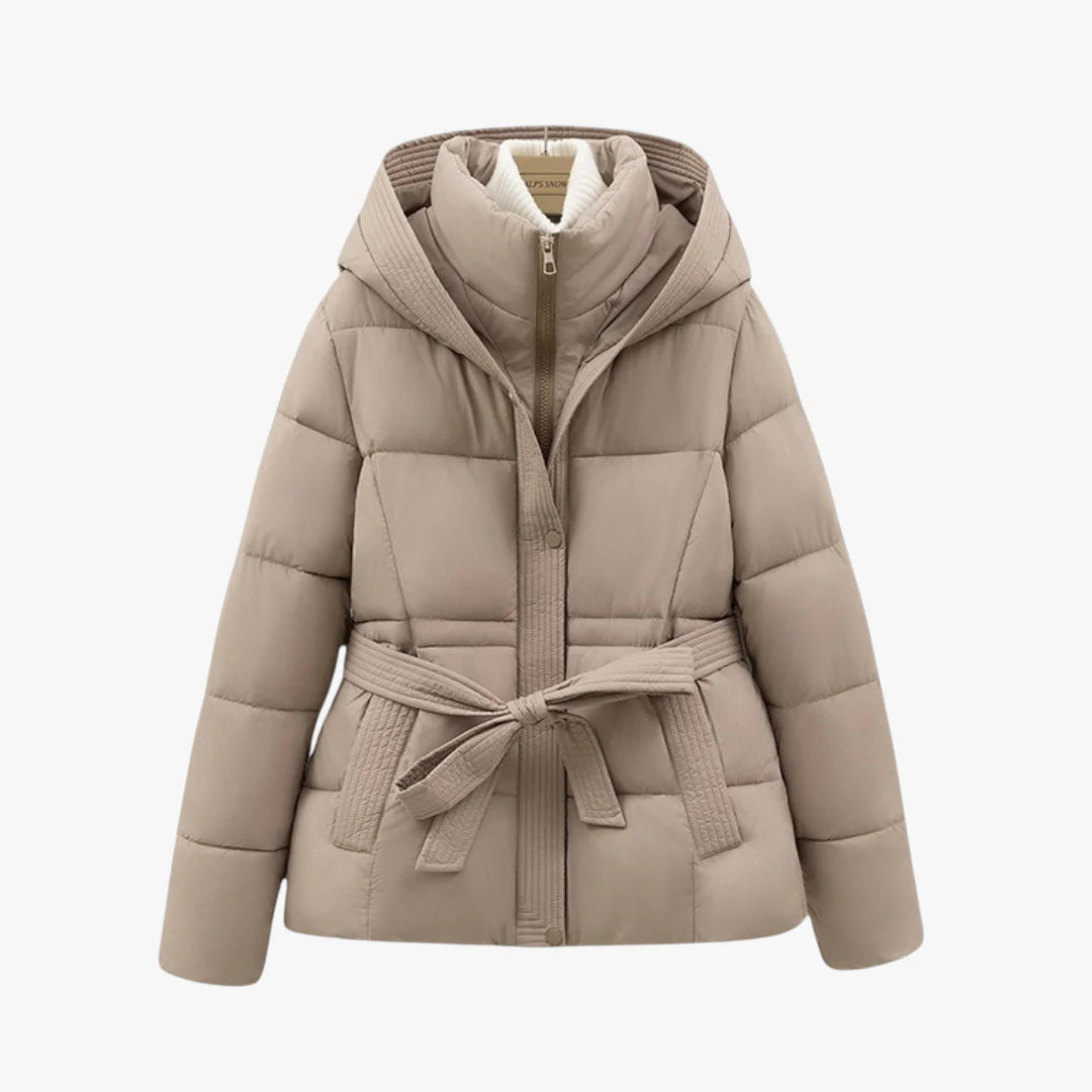 Women’s Hooded Puffer Jacket with Adjustable Waist Belt and Quilted Padding