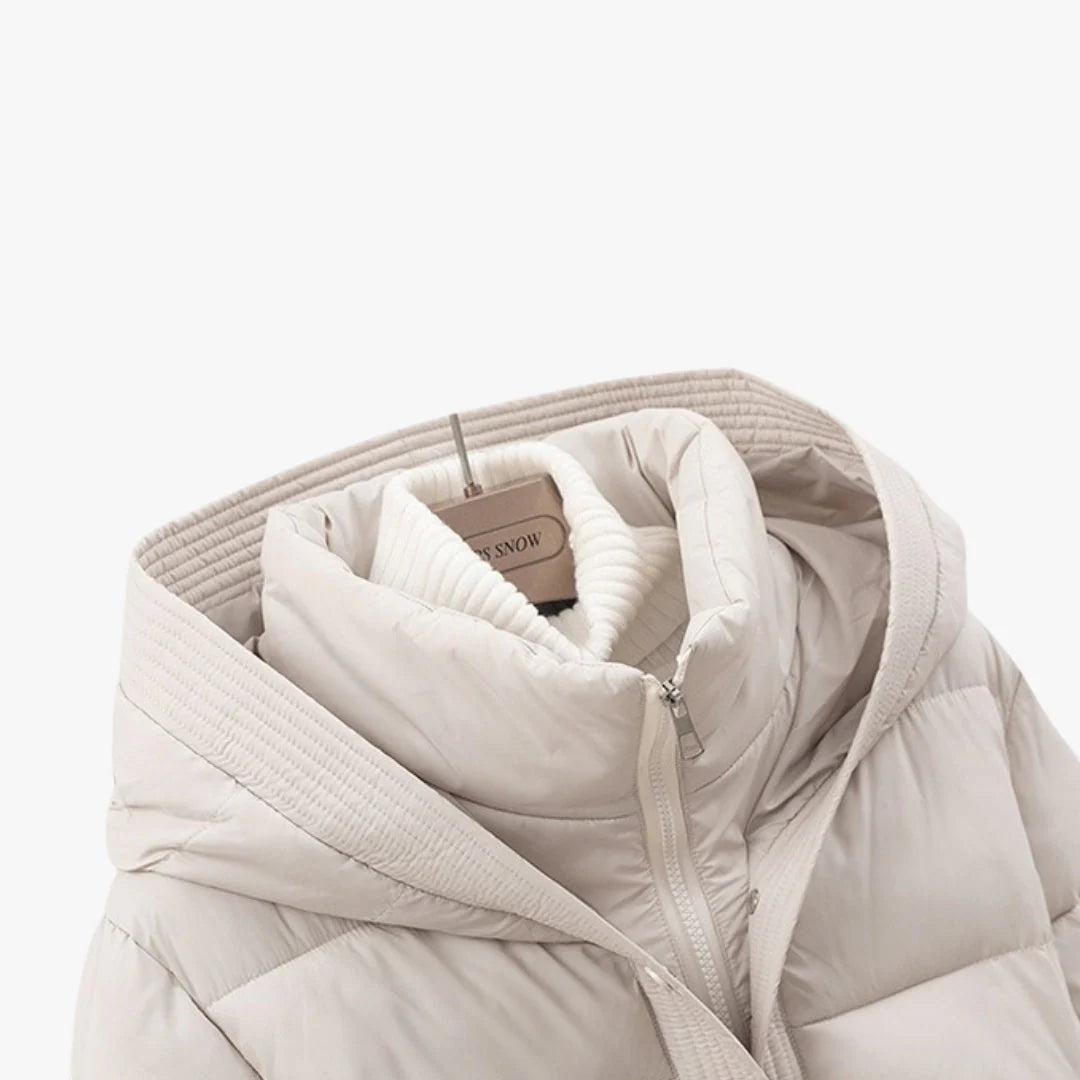 Women’s Hooded Puffer Jacket with Adjustable Waist Belt and Quilted Padding