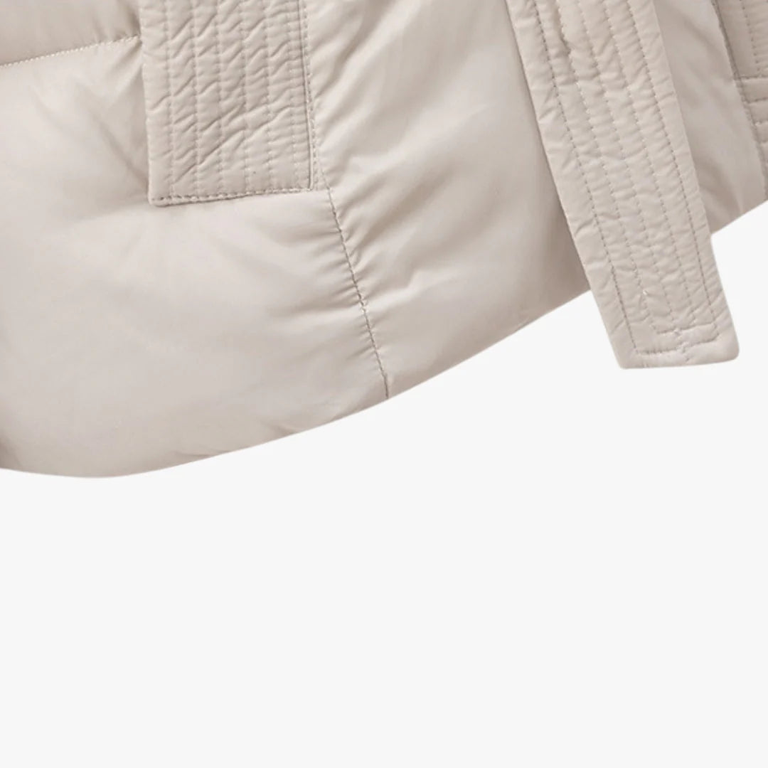 Women’s Hooded Puffer Jacket with Adjustable Waist Belt and Quilted Padding