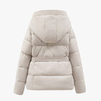 Women’s Hooded Puffer Jacket with Adjustable Waist Belt and Quilted Padding