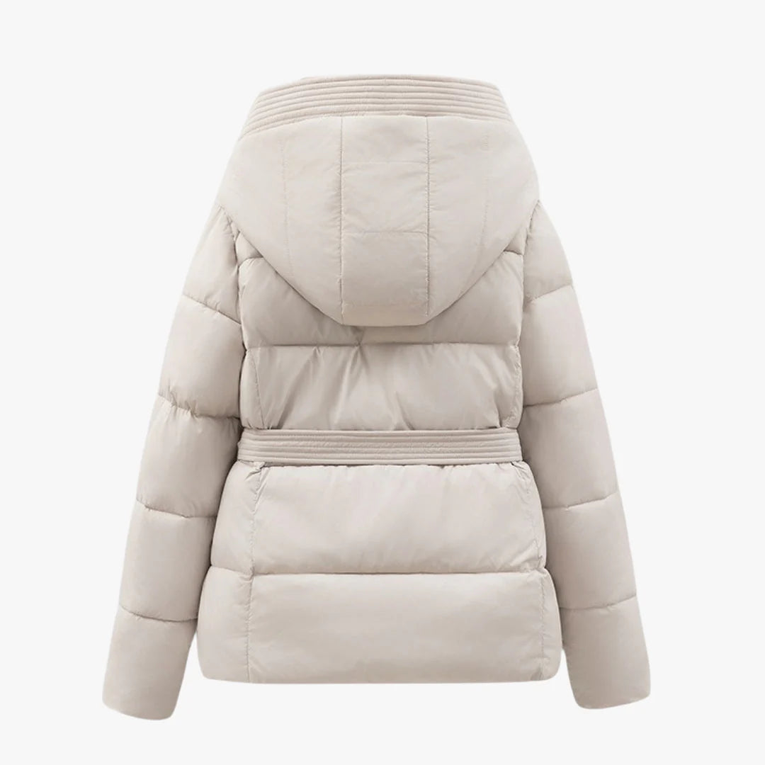 Women’s Hooded Puffer Jacket with Adjustable Waist Belt and Quilted Padding