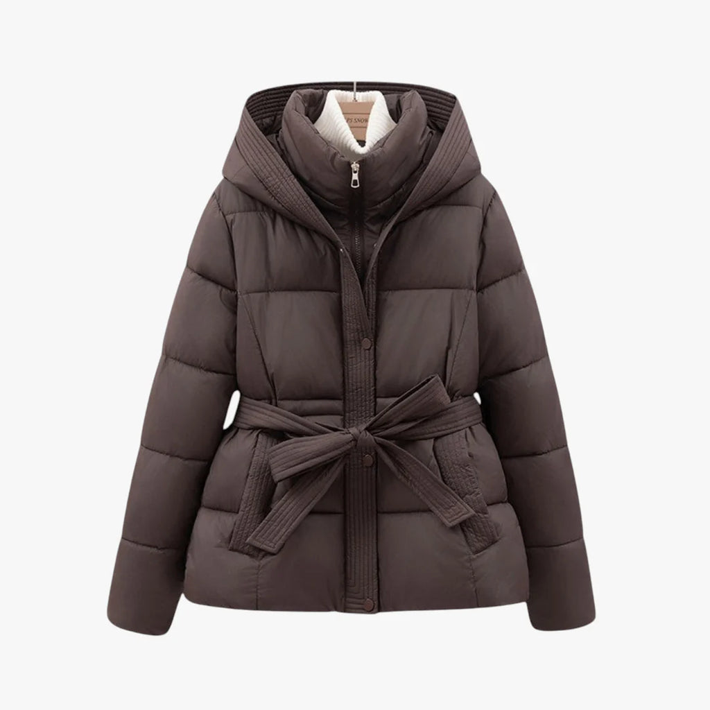 Women’s Hooded Puffer Jacket with Adjustable Waist Belt and Quilted Padding