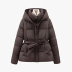 Women’s Hooded Puffer Jacket with Adjustable Waist Belt and Quilted Padding