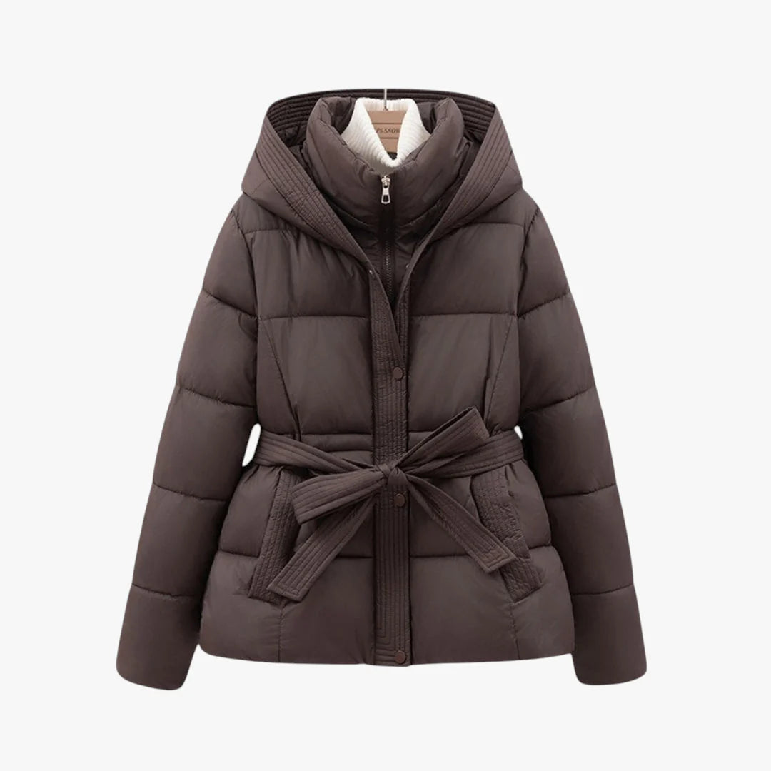 Women’s Hooded Puffer Jacket with Adjustable Waist Belt and Quilted Padding