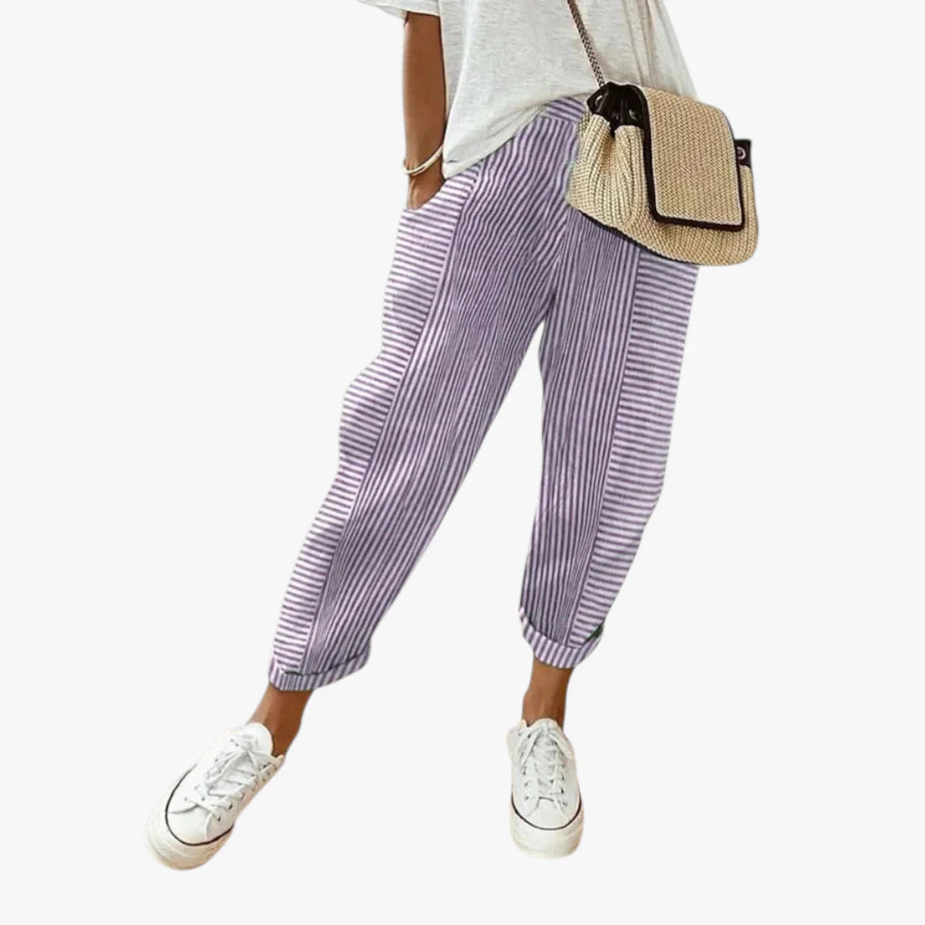 Women’s Striped Casual Trousers with Elastic Waistband and Relaxed