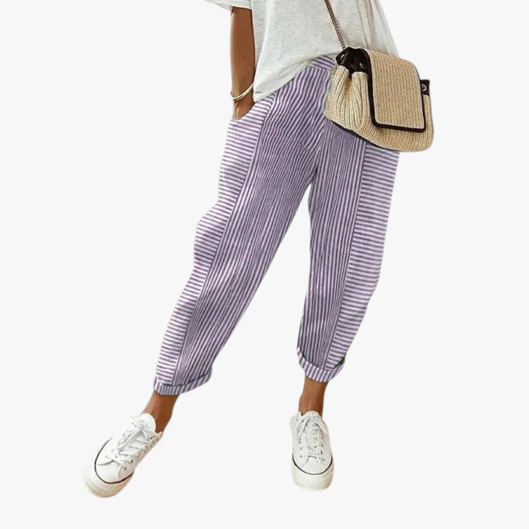 Women’s Striped Casual Trousers with Elastic Waistband and Relaxed