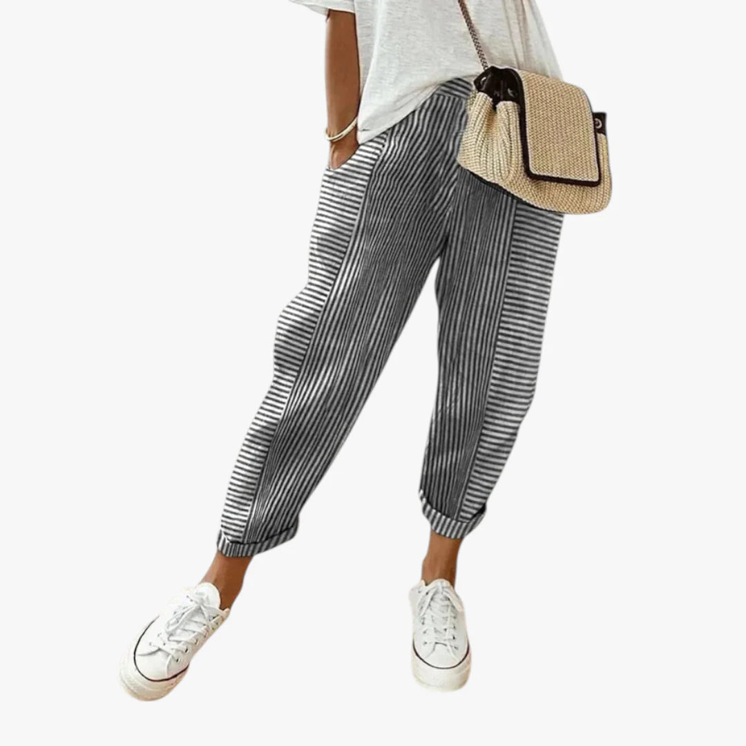 Women’s Striped Casual Trousers with Elastic Waistband and Relaxed
